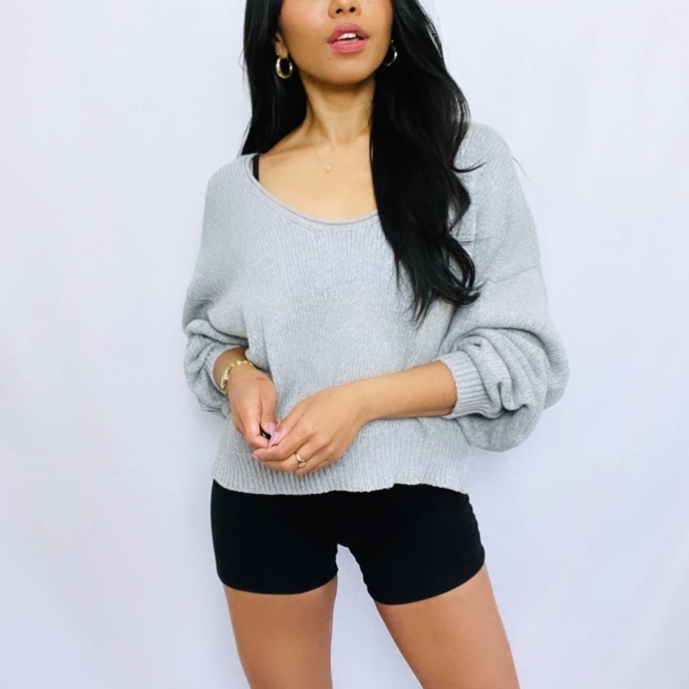 Free People | Grey 100% Cotton Cropped Oversized Drop Shoulder Sweater S - Picture 9 of 12